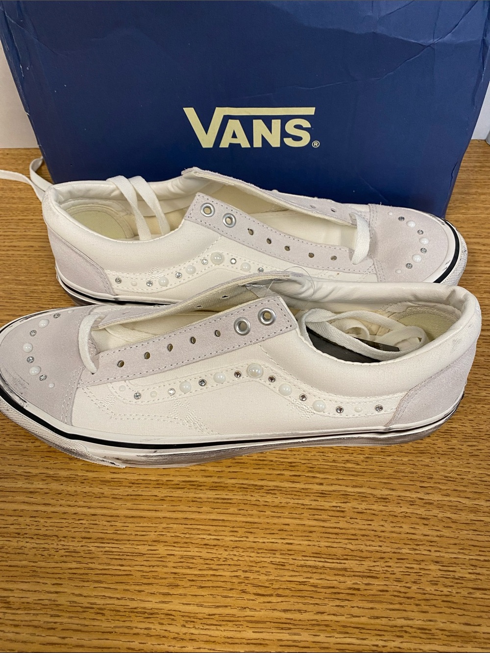 Vans Women’s White Slip-On Sneakers LX Old Skool 36 with Pearl & Crystal Studs